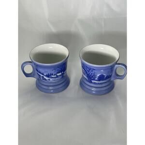 Currier and Ives Cups “The Farmers Home Winter” Blue Gold Rim Mug Set Of 2